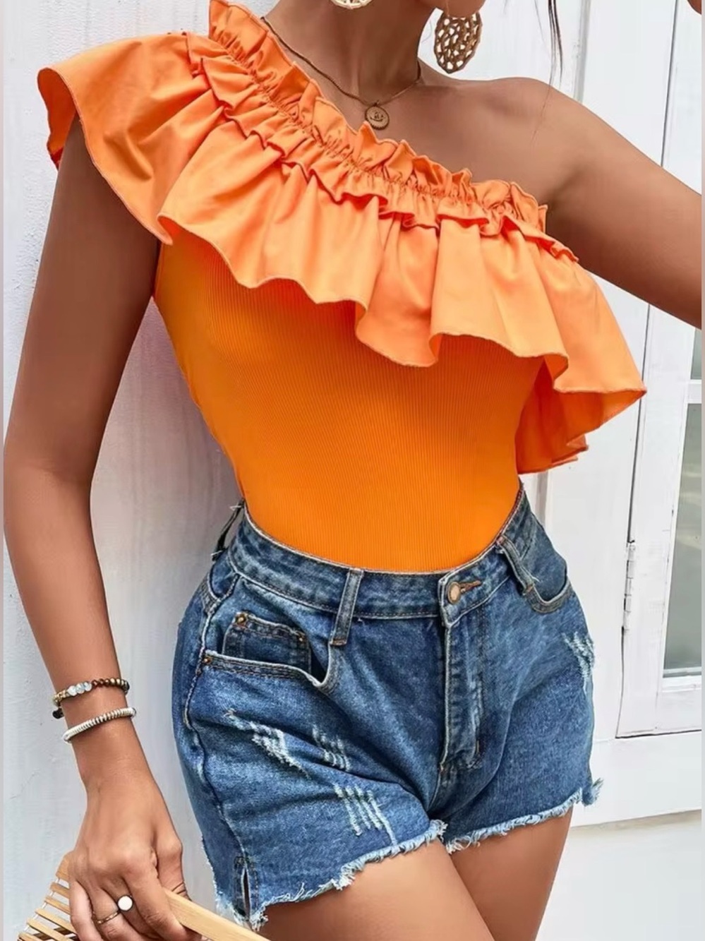 SHEIN Womens M Orange Ruffle Asymmetrical Top Boho Fall 90s Cottagecore Preppy - Picture 4 of 16